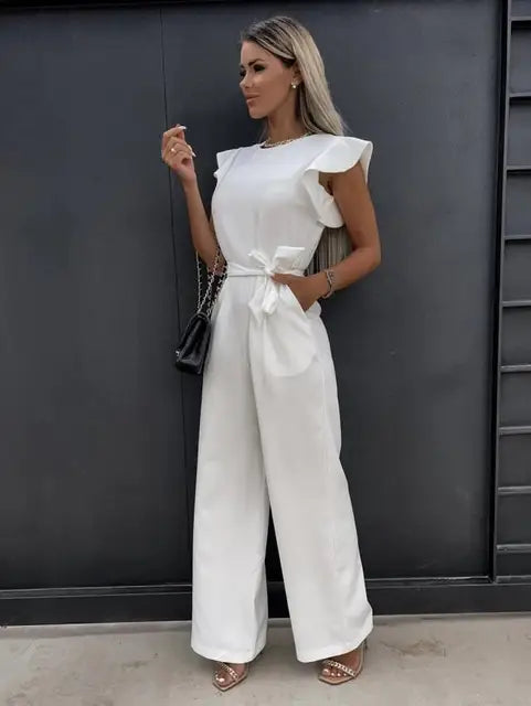 Jumpsuit Ruffle Sleeve Wide Leg Pants Elegant Style