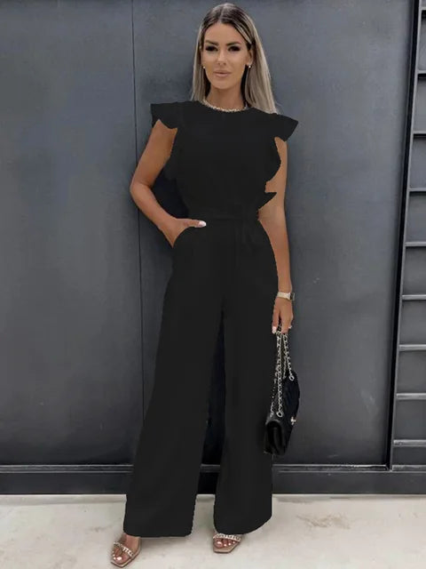 Jumpsuit Ruffle Sleeve Wide Leg Pants Elegant Style