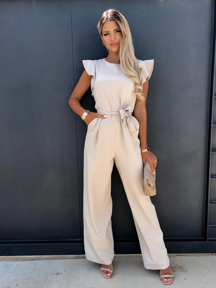 Jumpsuit Ruffle Sleeve Wide Leg Pants Elegant Style