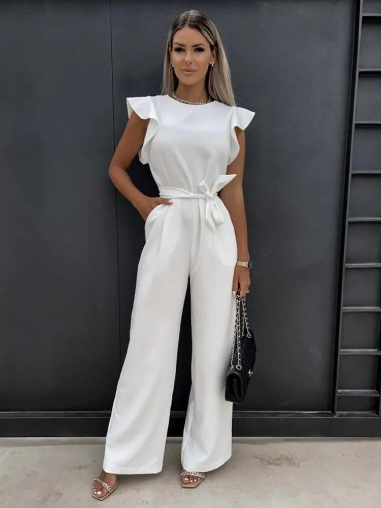 Jumpsuit Ruffle Sleeve Wide Leg Pants Elegant Style