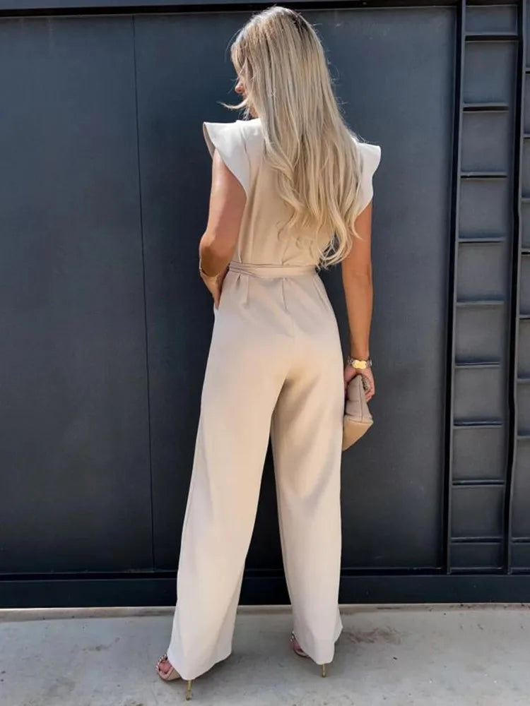 Jumpsuit Ruffle Sleeve Wide Leg Pants Elegant Style