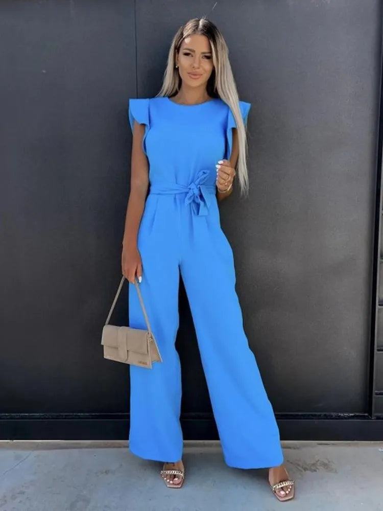 Jumpsuit Ruffle Sleeve Wide Leg Pants Elegant Style