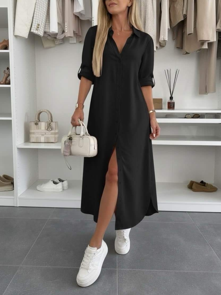 Button Midi Dress Elegant Relaxed Fit Timeless Feminine Style