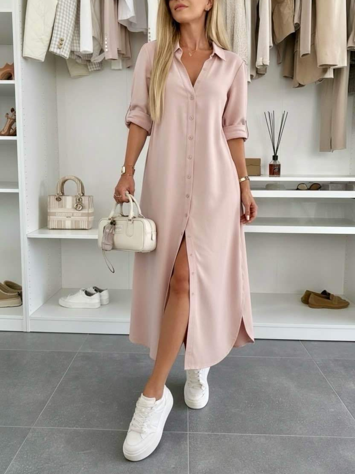 Button Midi Dress Elegant Relaxed Fit Timeless Feminine Style