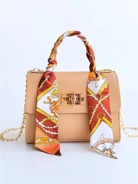 Top Handle Handbag with Scarf Handle and Chain Strap for Women