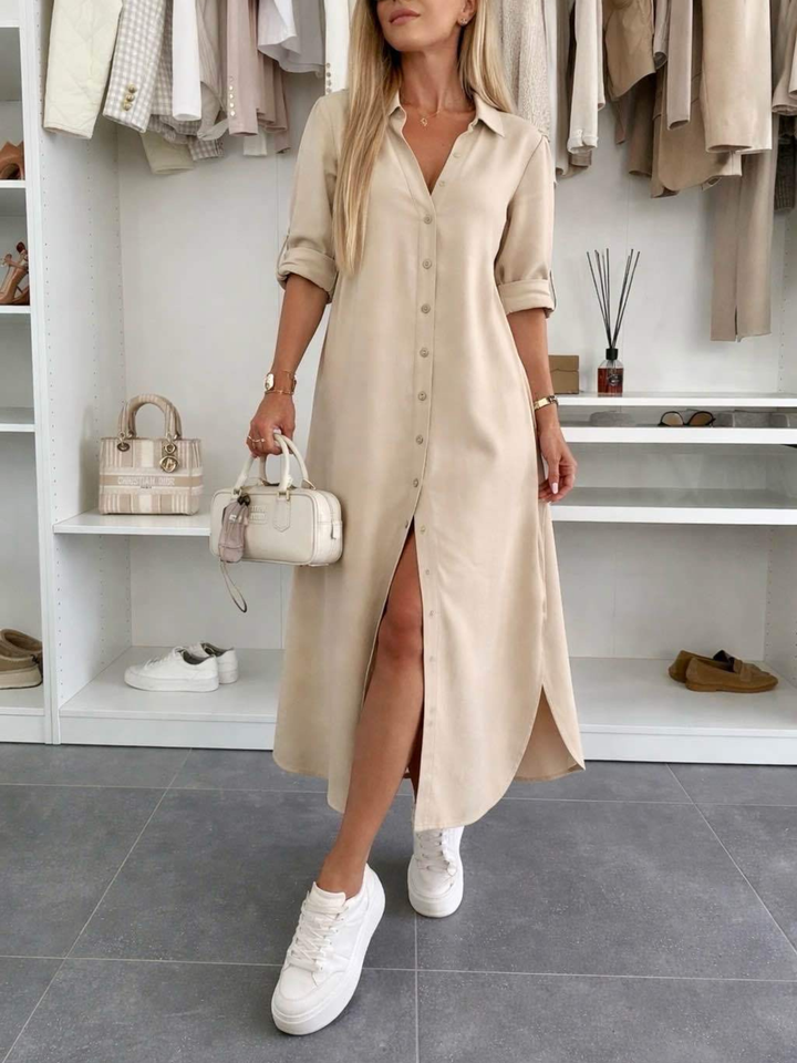 Button Midi Dress Elegant Relaxed Fit Timeless Feminine Style