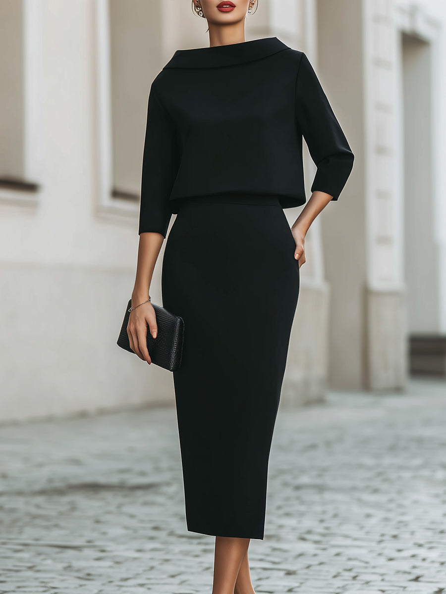 Midi Dress Boat Neck Elegant Tailored Silhouette Style