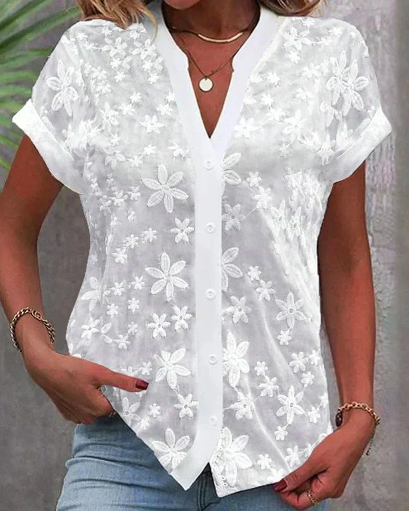 Blouse V Neck Floral Lace Detail Relaxed Fit Elegant Style