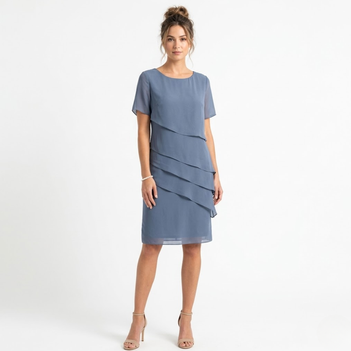Evening Dress Layered Ruffle Chiffon Round Neck Elegant Style