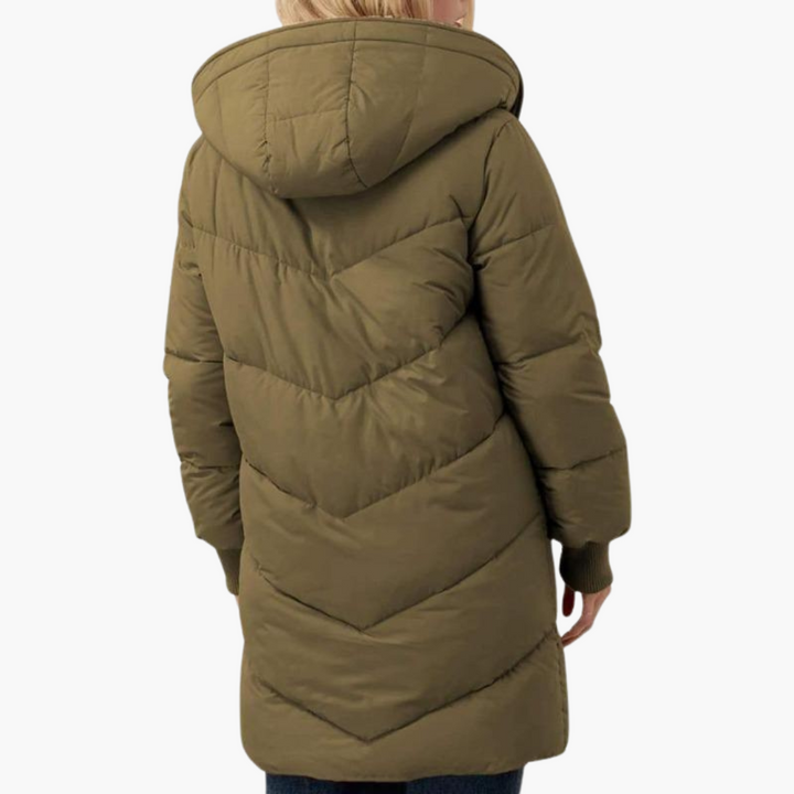 Womens Hooded Puffer Coat with Faux Fur Trim and Longline Fit