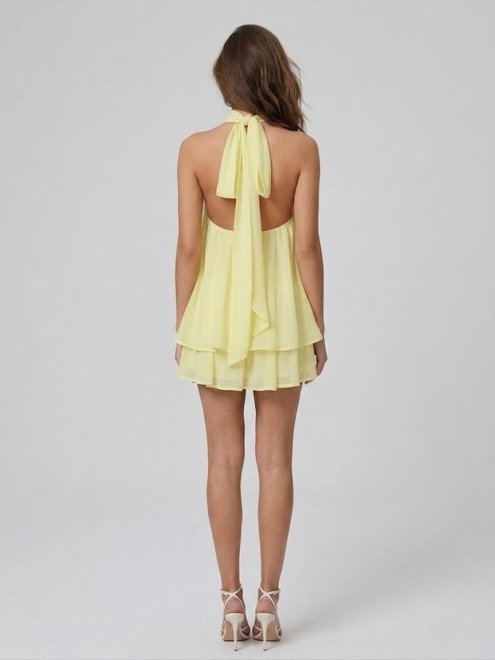 Short Halter Neck Backless Layered Ruffle Dress for Women
