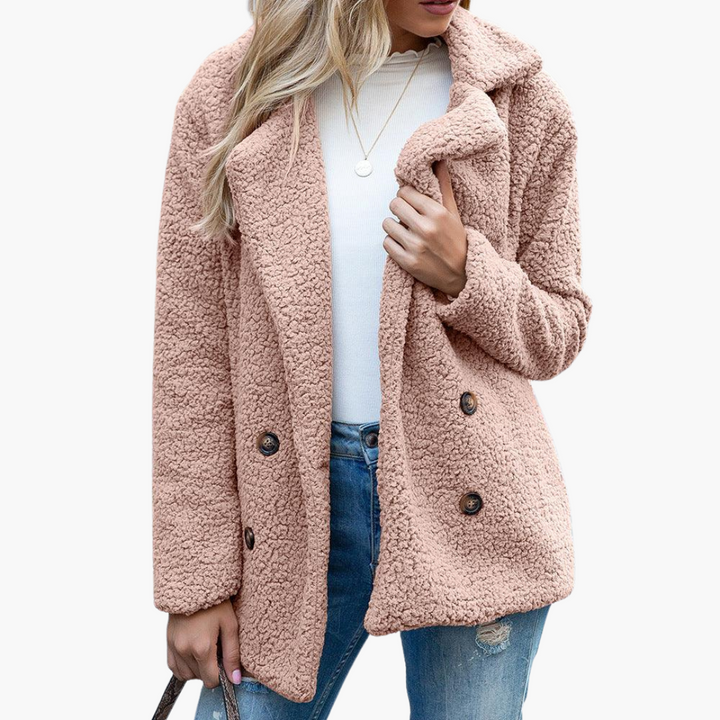 Womens Teddy Jacket with Notch Lapel Double Breasted Front and Relaxed Fit