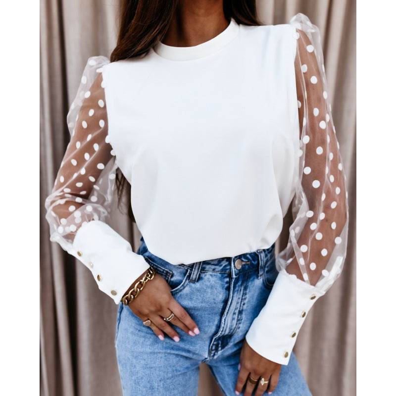 Blouse Round Neck Mesh Sleeve Long Sleeve Elegant Style