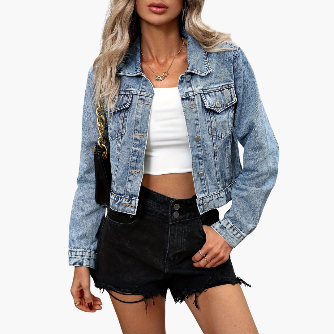 Womens Denim Jacket with Collared Neck Button Front and Chest Pockets