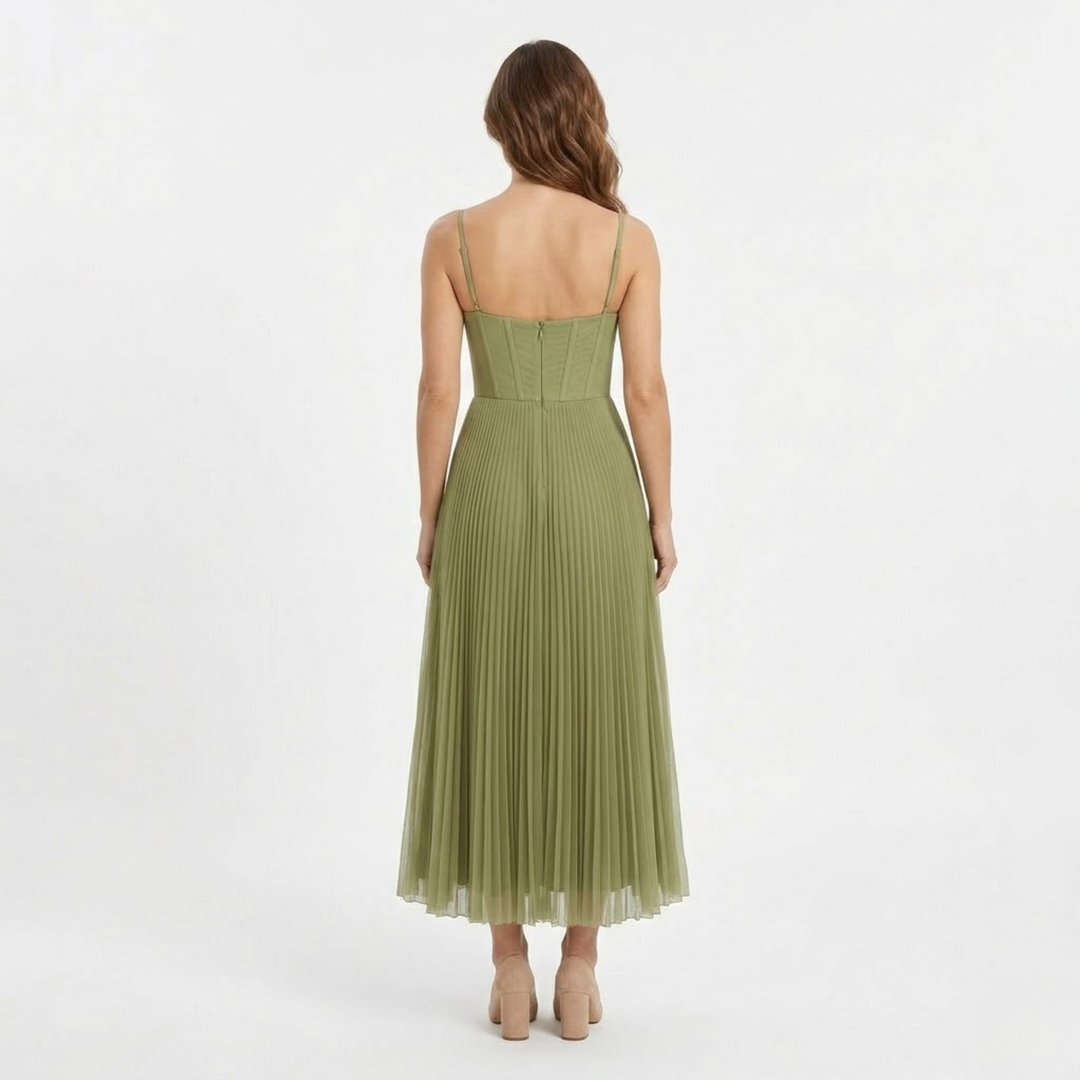 Pleated Evening Dress Strapless Bustier Back Zip Elegant Maxi Style