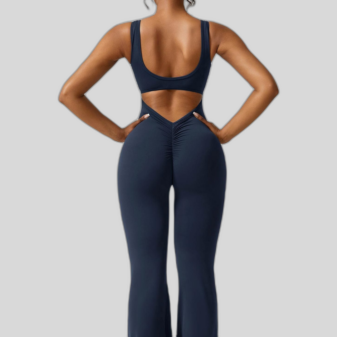 Jumpsuit V Neck Back Cutout Flared Leg Bodycon Fit Active Style