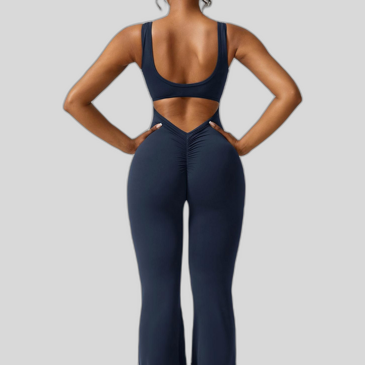 Jumpsuit V Neck Back Cutout Flared Leg Bodycon Fit Active Style