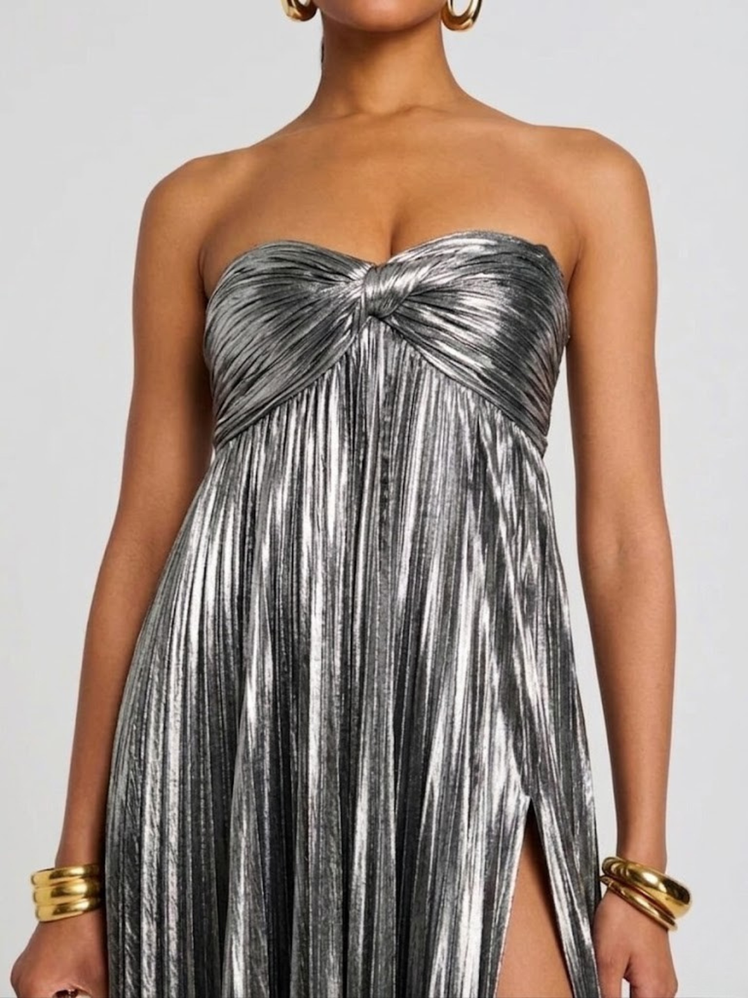 Long Strapless Dress for Women with Twisted Bodice and High Slit