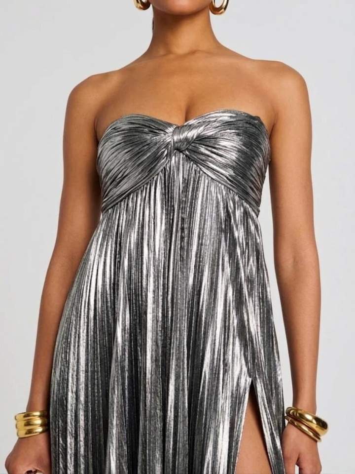 Long Strapless Dress for Women with Twisted Bodice and High Slit