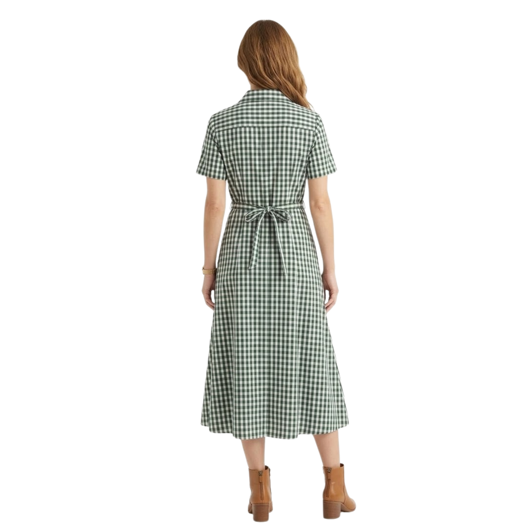 Shirt Dress Check Pattern Classic Collar Short Sleeve Casual Style