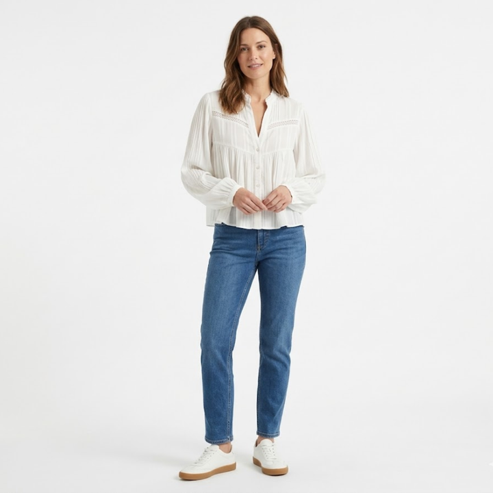 Blouse Long Sleeve Lace Detail V Neck Elegant Feminine Style