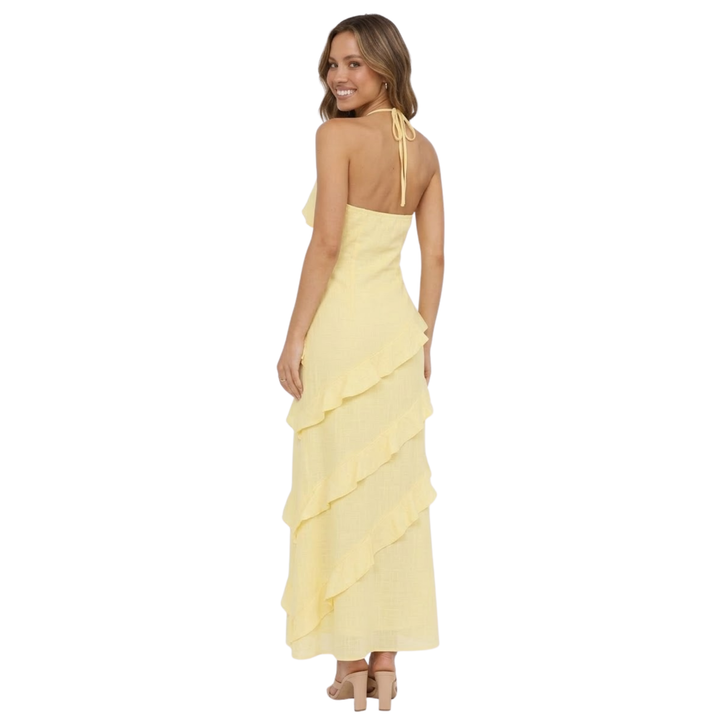 Maxi Dress Ruffle Detail V Neck Spaghetti Strap Elegant Style