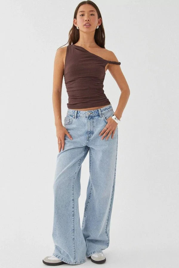 Top One Shoulder Ruched Asymmetric Fitted Minimal Style