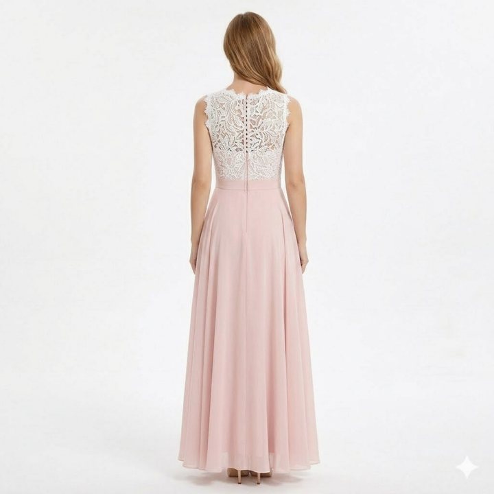 Maxi Evening Dress Lace Chiffon Crocheted Bodice Elegant Style