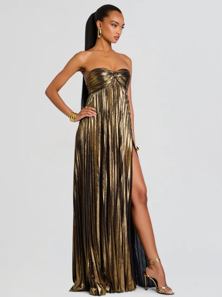 Long Strapless Dress for Women with Twisted Bodice and High Slit