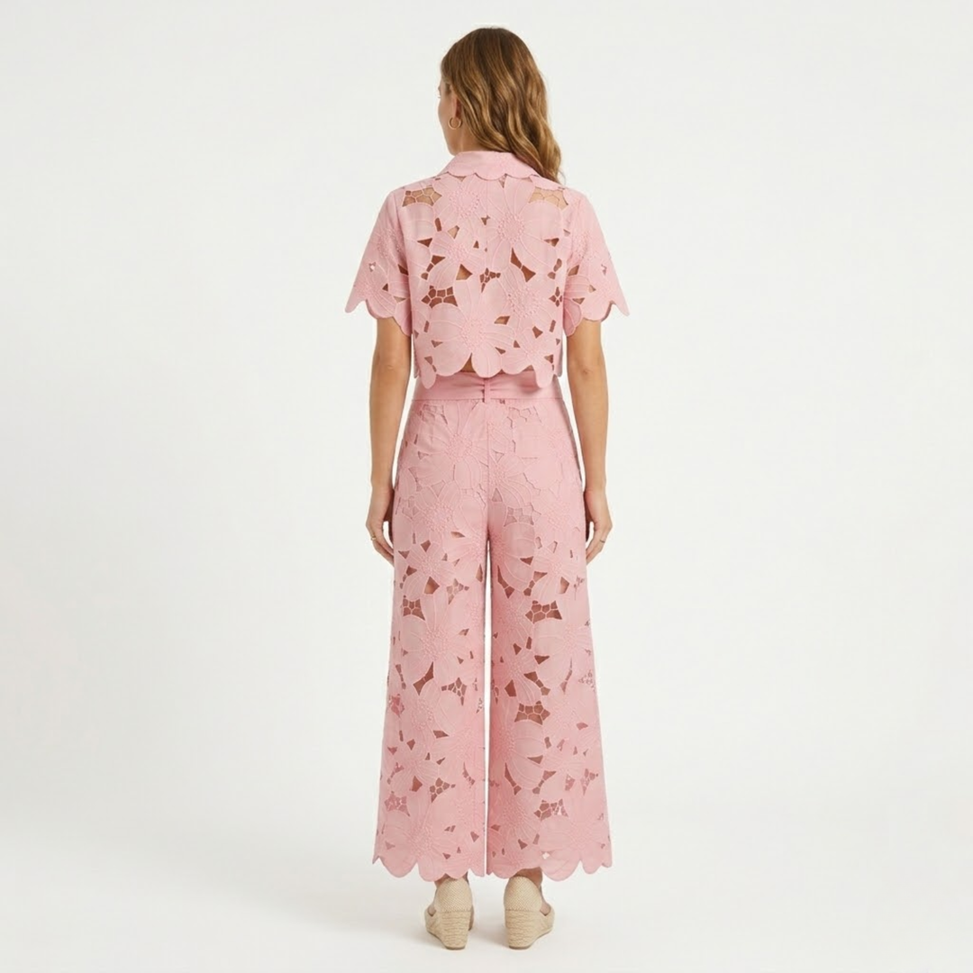 Two Piece Set Lace Top Wide Leg Pants Elegant Style