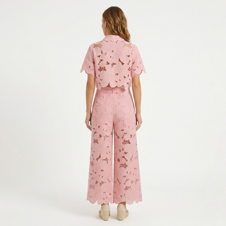 Two Piece Set Lace Top Wide Leg Pants Elegant Style