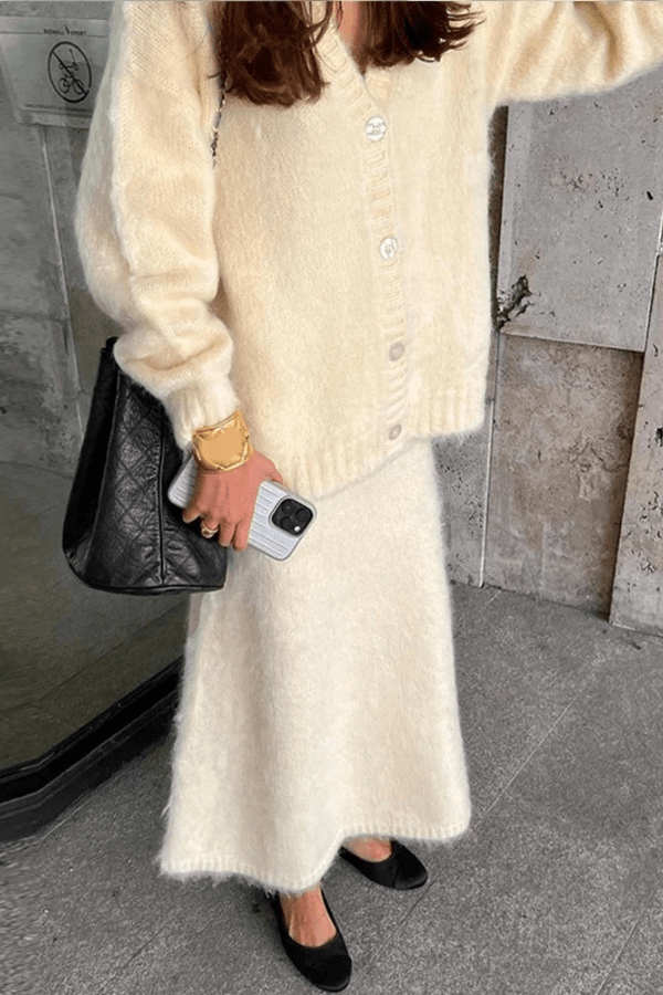Two Piece V-Neck Knit Cardigan and Maxi Skirt Set – Elegant Co-Ord Style