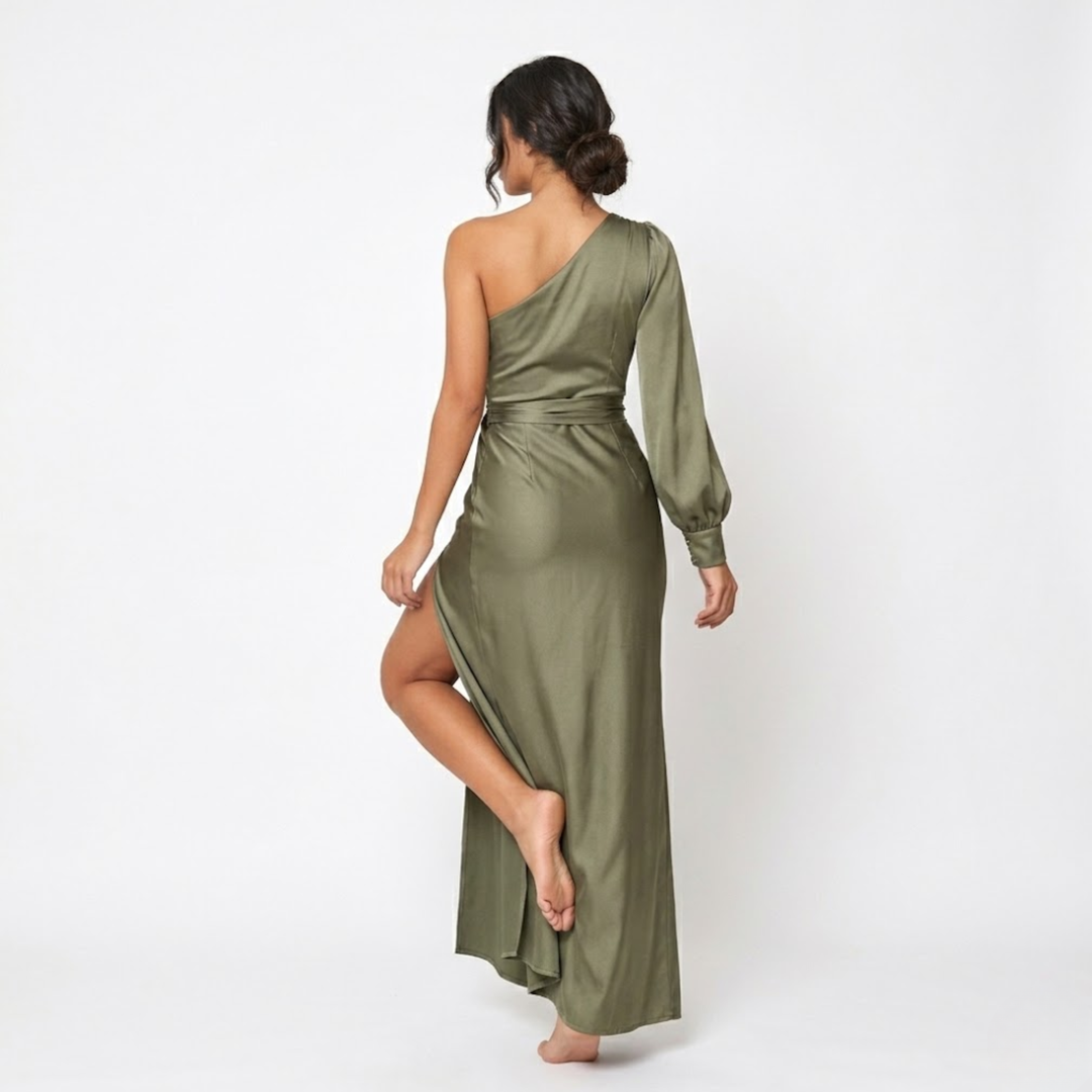 Satin Evening Dress Off Shoulder Draped Bow Side Slit Elegant Style