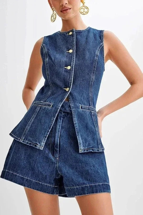 Two Piece Denim Vest and Shorts Set – Casual Chic Summer Style