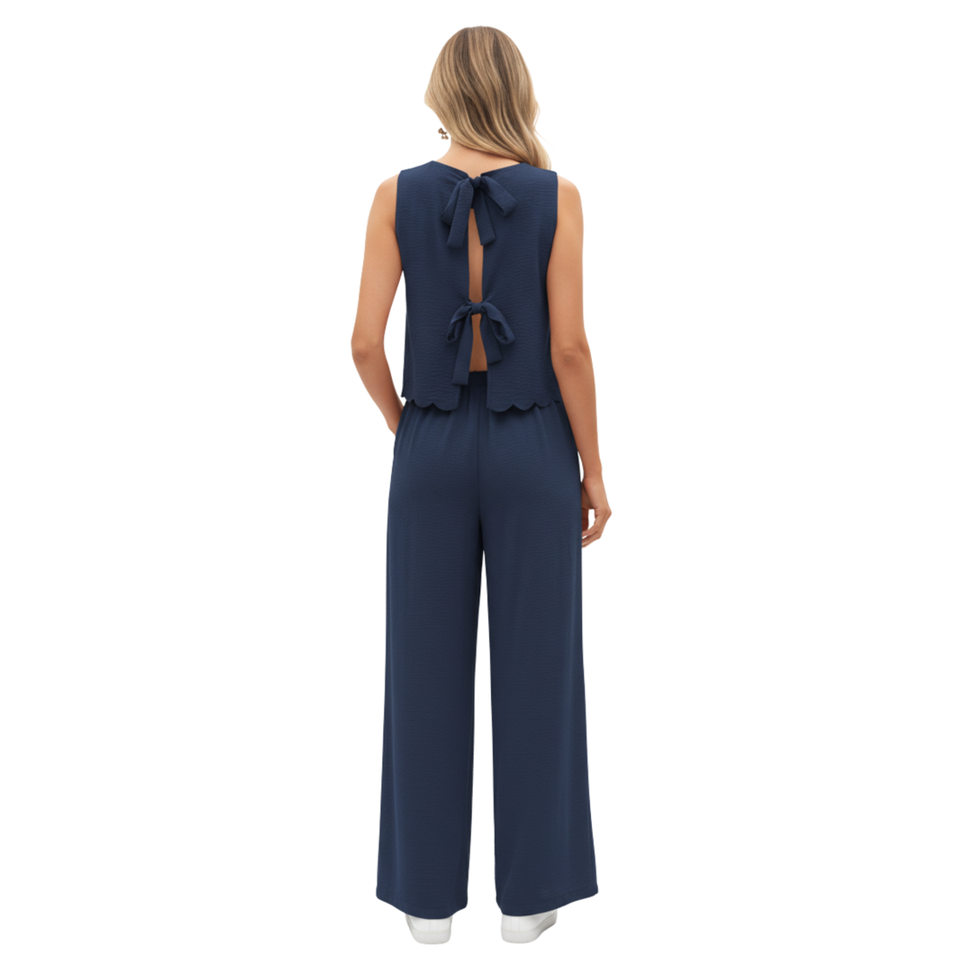 Two Piece Set Sleeveless Shell Trim Top Ankle Length Wide Leg Pants