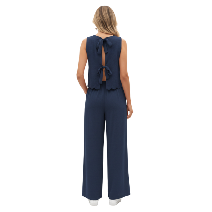 Two Piece Set Sleeveless Shell Trim Top Ankle Length Wide Leg Pants