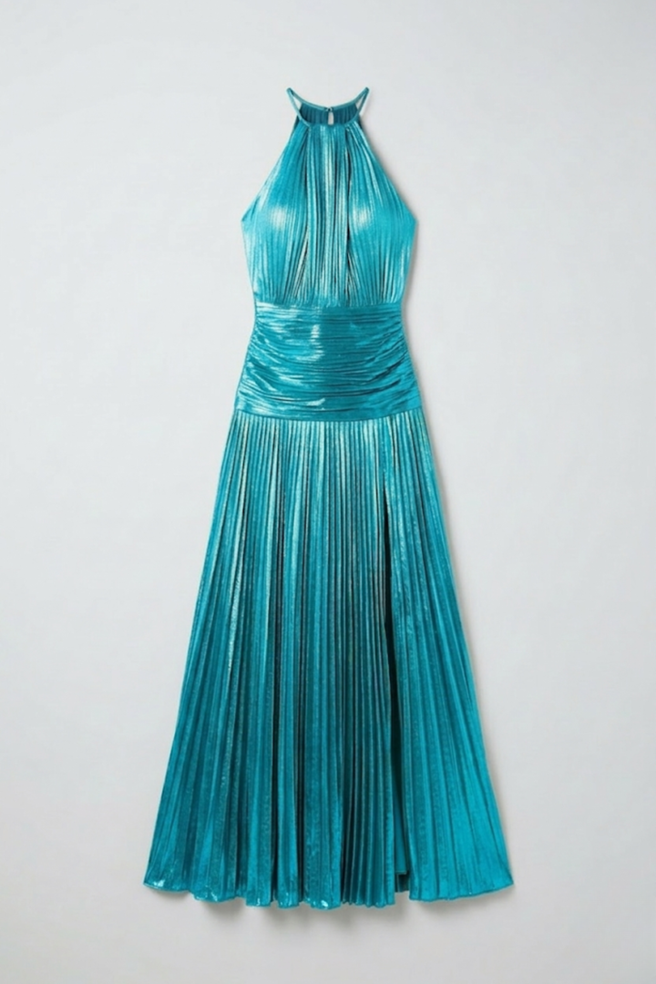 Long Halter Neck Dress for Women with Pleated Skirt and Open Back