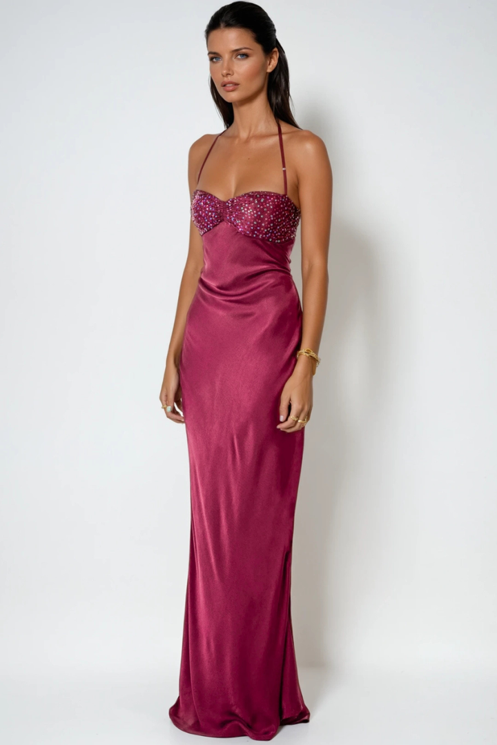 Long Dress Halter Neck Embellished Lace Back Straight Cut for Women
