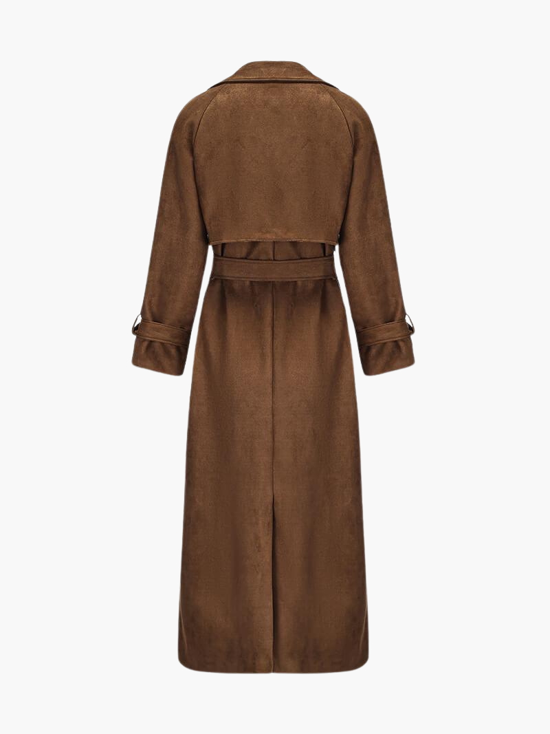 Womens Suede Trench Coat with Belted Waist and Notch Lapels