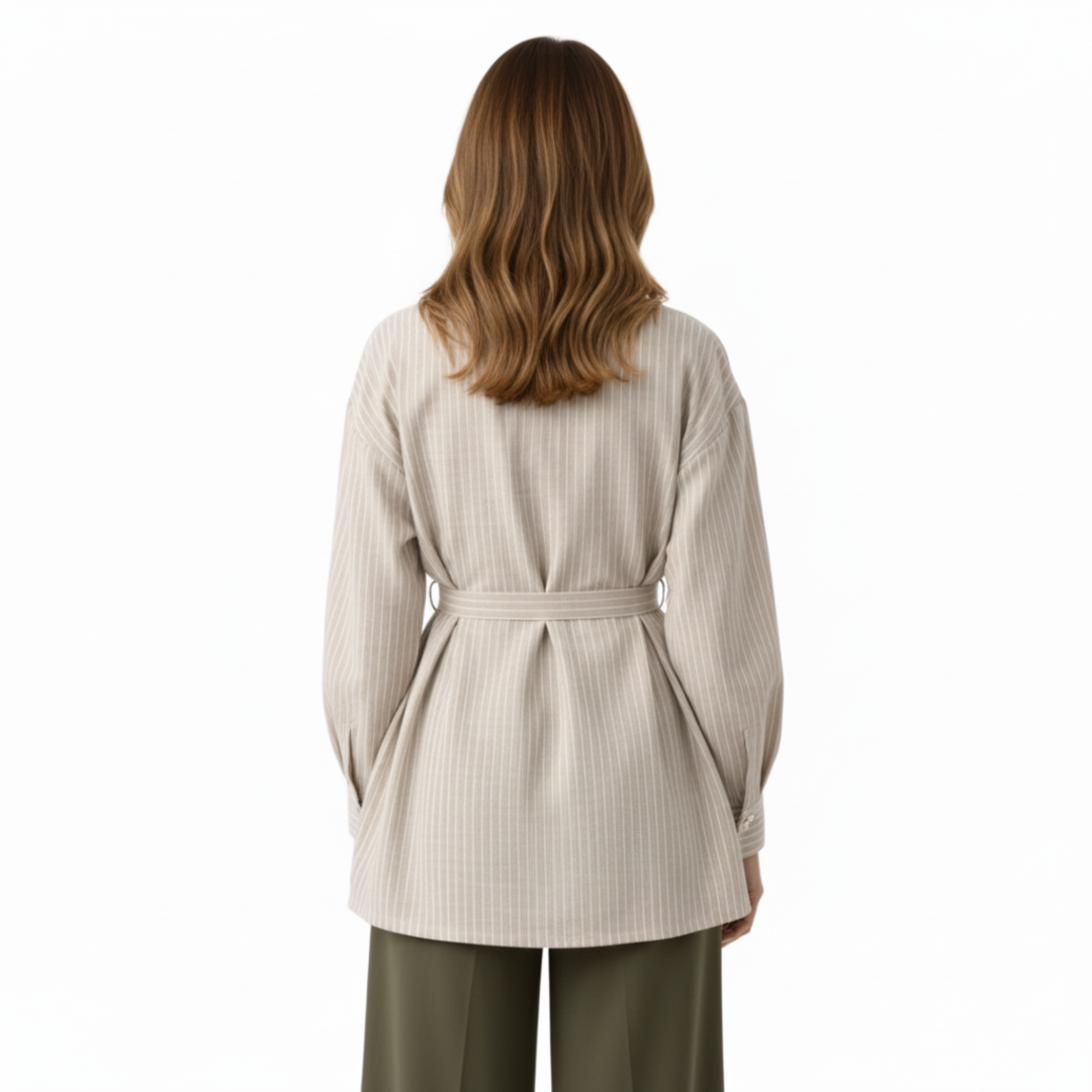 Blouse Striped Long Sleeve Stand Collar Belted Waist Elegant Style