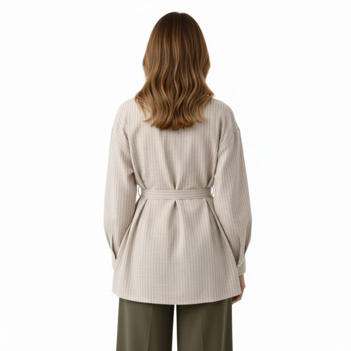Blouse Striped Long Sleeve Stand Collar Belted Waist Elegant Style