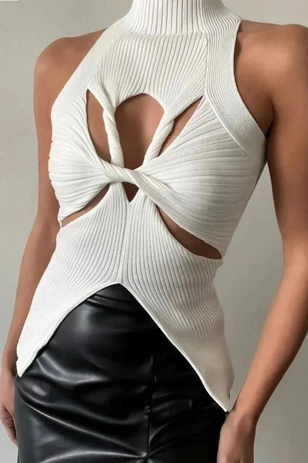 Sleeveless Top Cut Out Halter Neck Sculpted Fit Elegant Statement Style