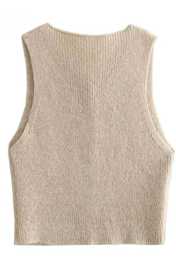 Sleeveless Knit Vest Button Front V Neck Beige Elegant Casual Style
