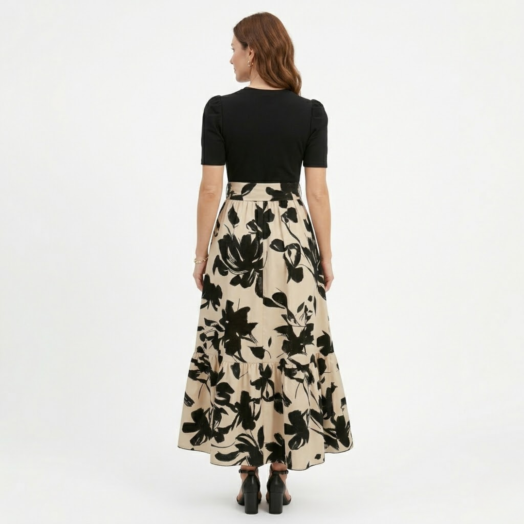 A-Line Maxi Dress Floral Print Belted Waist Puff Sleeve Elegant Style