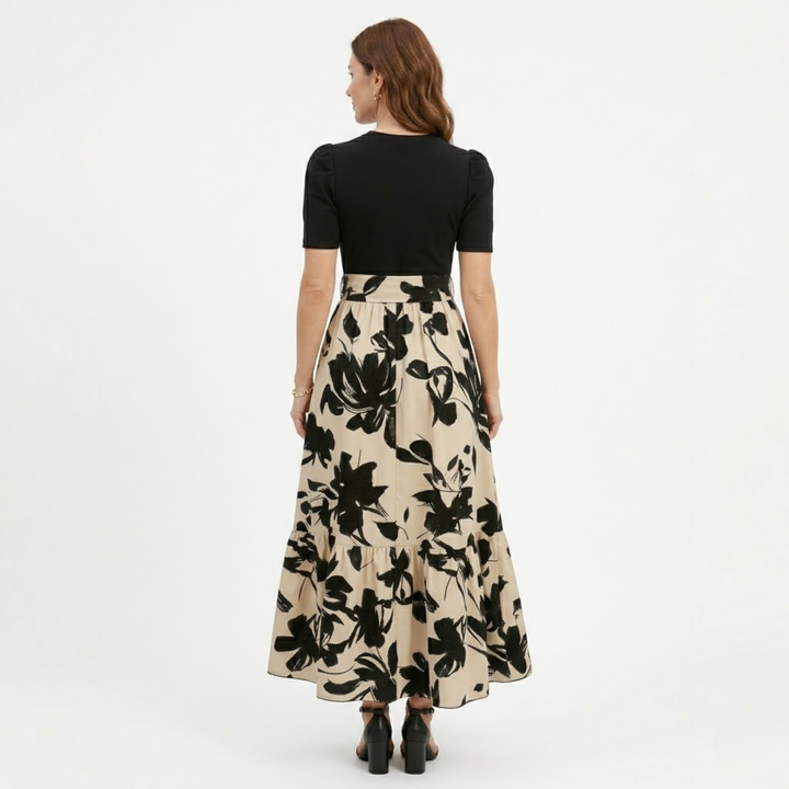 A-Line Maxi Dress Floral Print Belted Waist Puff Sleeve Elegant Style