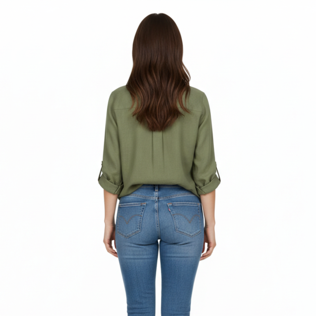 Shirt Button Up Three Quarter Sleeve Split Neck Relaxed Casual Style