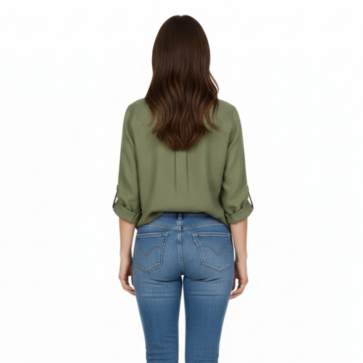 Shirt Button Up Three Quarter Sleeve Split Neck Relaxed Casual Style