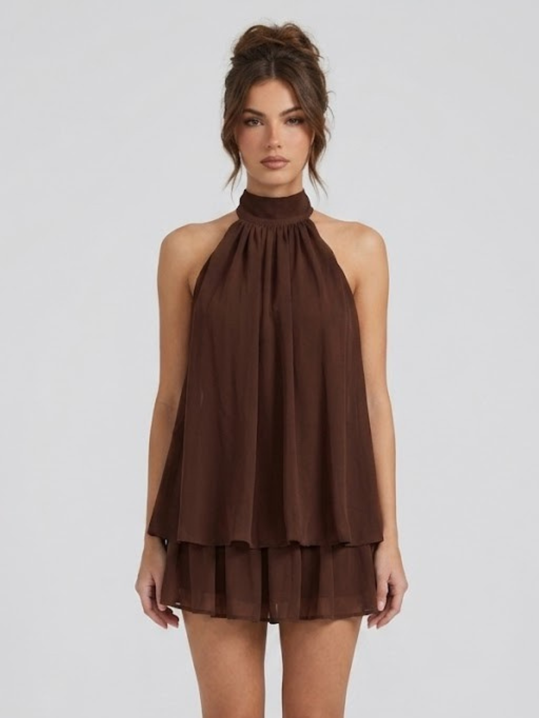 Short Halter Neck Backless Layered Ruffle Dress for Women