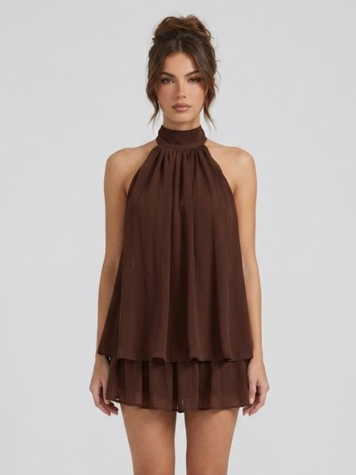 Short Halter Neck Backless Layered Ruffle Dress for Women