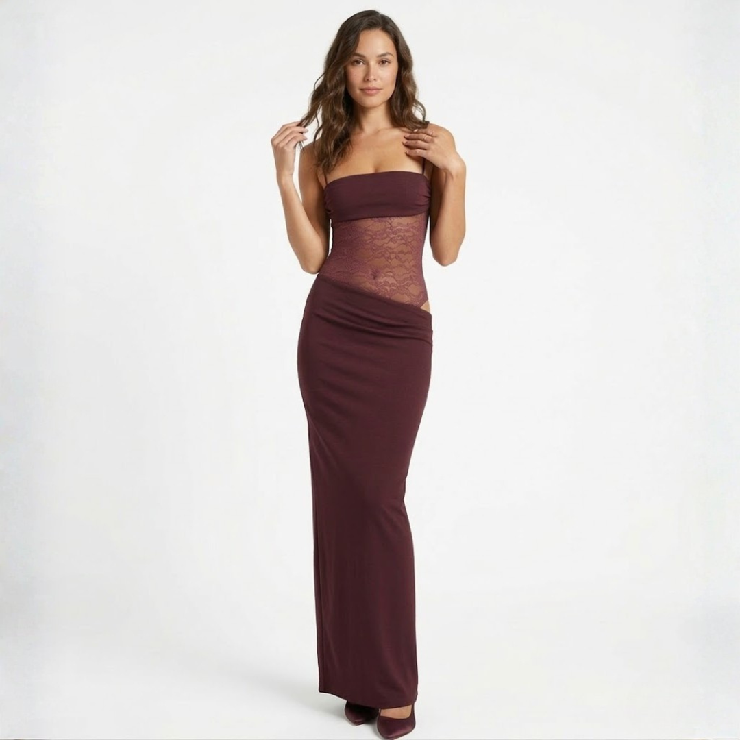 Evening Maxi Dress Lace Bodice Strap Detail Fitted Elegant Style